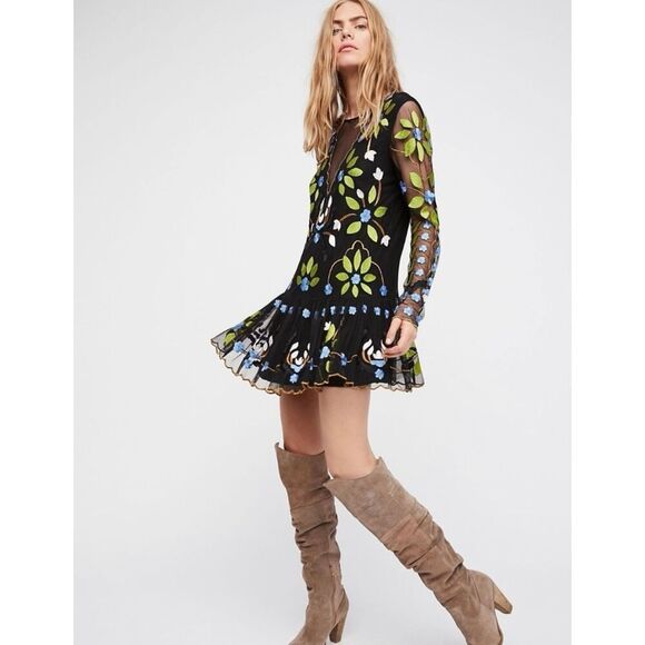 Free People Dresses & Skirts - Free People Hearts Are Wild Embroidered Mini Dress Black Multi Size XS